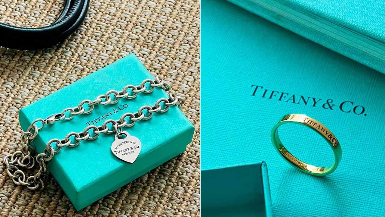 Montagem com duas fotos de acessórios de luxo da Tiffany & Co: anel e pulseira.