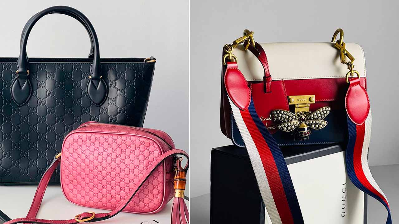 Montagem com fotos das bolsas mais famosas da Gucci: Queen Margaret e guccissima.