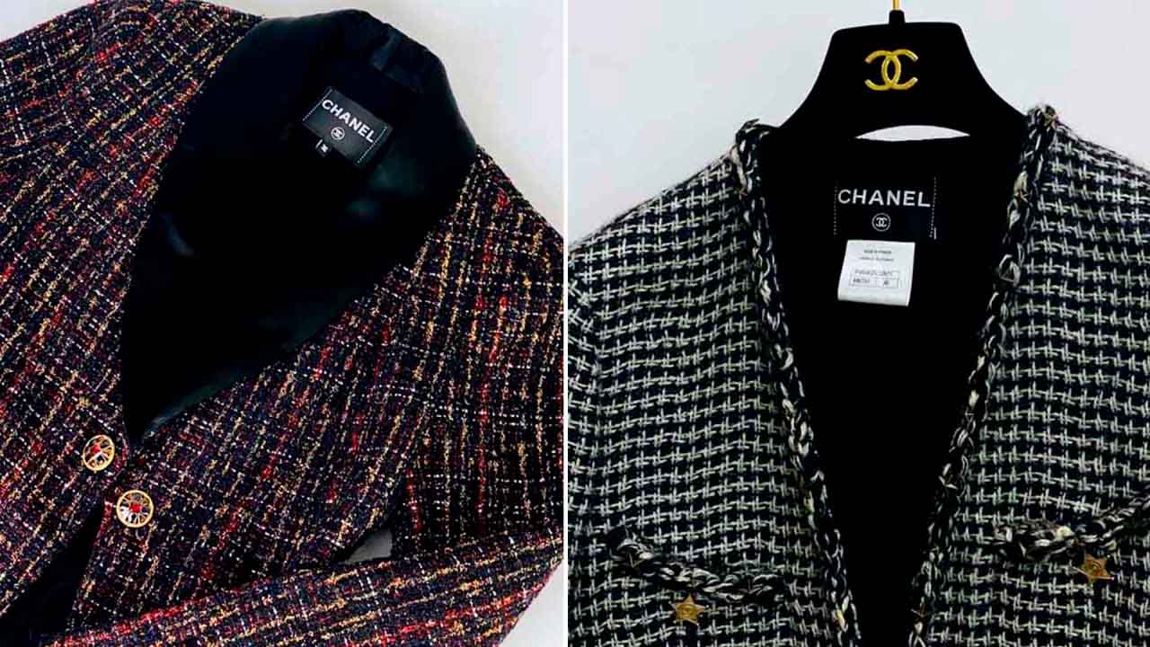 Montagem com duas fotos de casacos de tweed da Chanel.