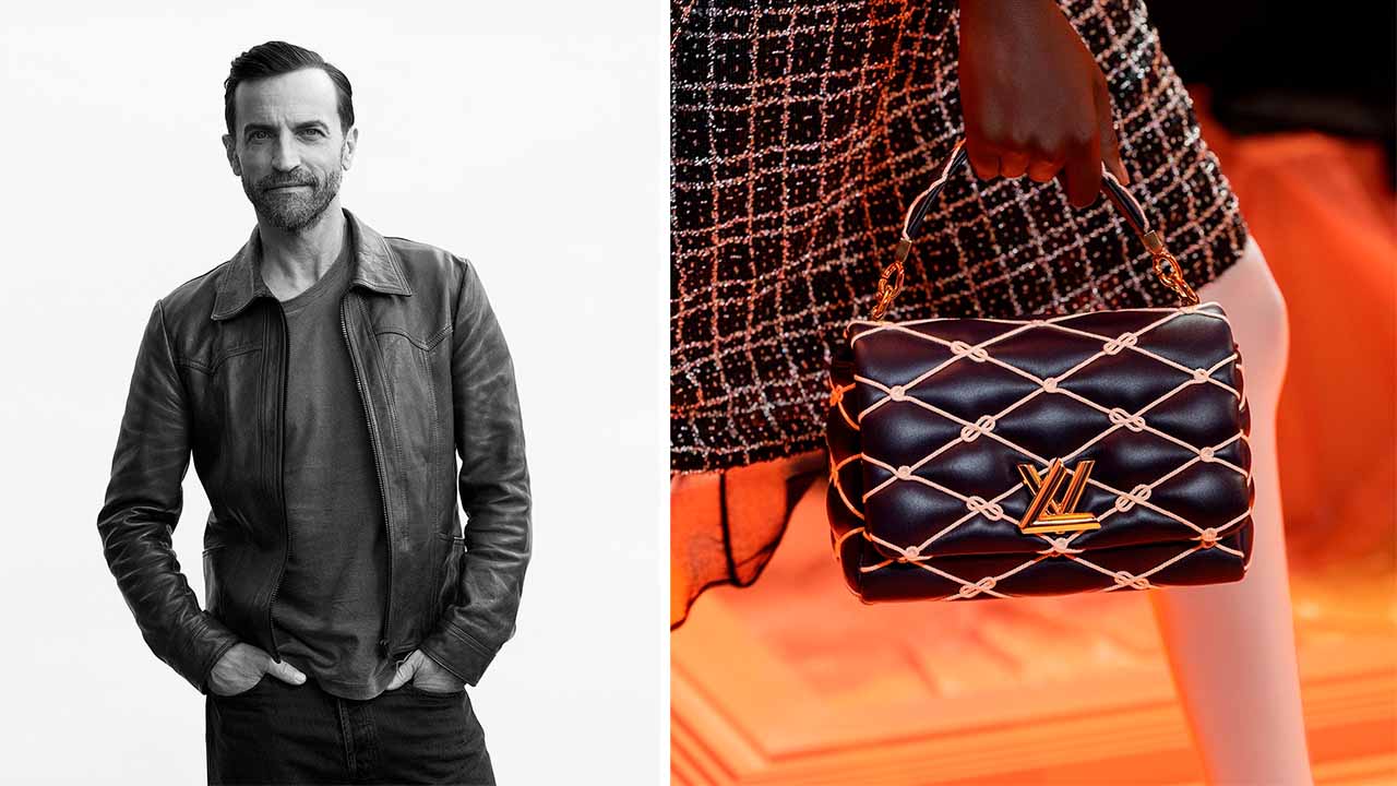 Nicolas Ghèsquiere ao lado de uma das suas criações para a Louis Vuitton, a bolsa LV GO-14.