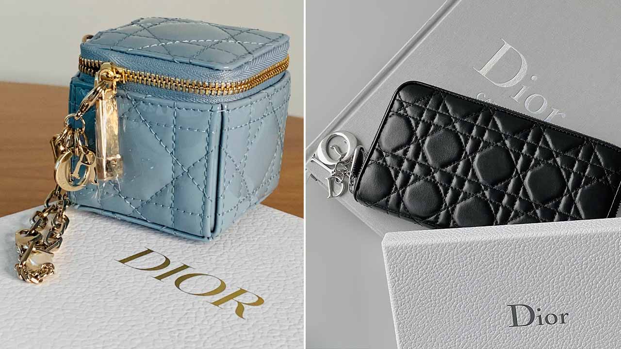 Montagem com duas fotos de acessórios : porta-moedas e carteira que estão no Dior Holiday Gift Guide. 
