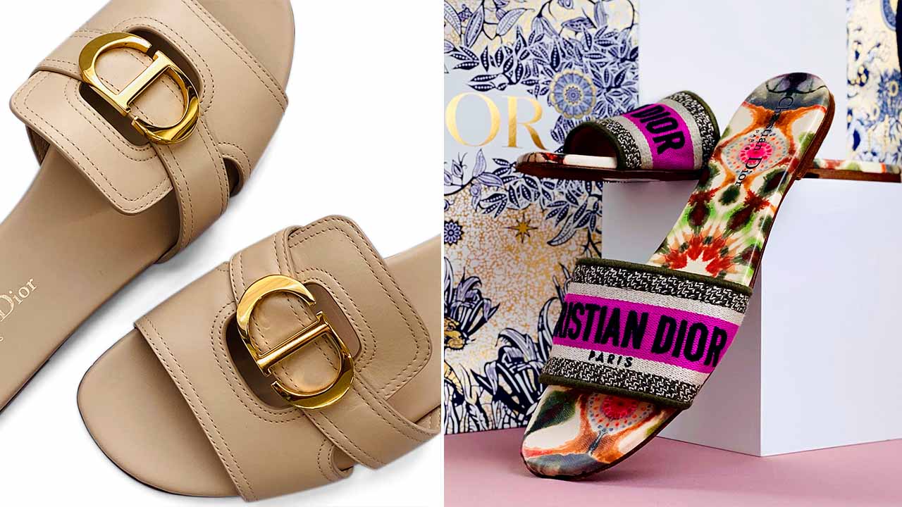 Montagem com fotos de duas rasteirinhas Dior: excelentes opções de presentes de natal, amigo oculto ou secreto.