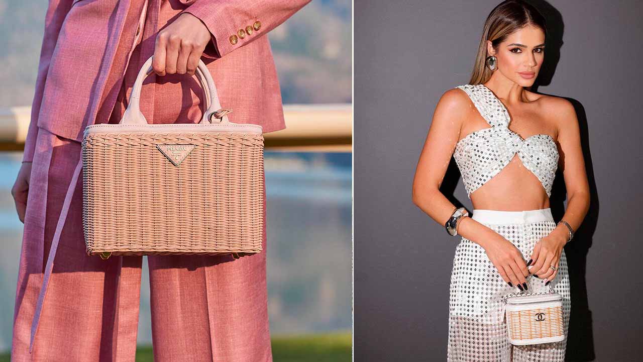 Montagem com mulher usando bolsa de vime de marcas de luxo como Prada e Chanel.