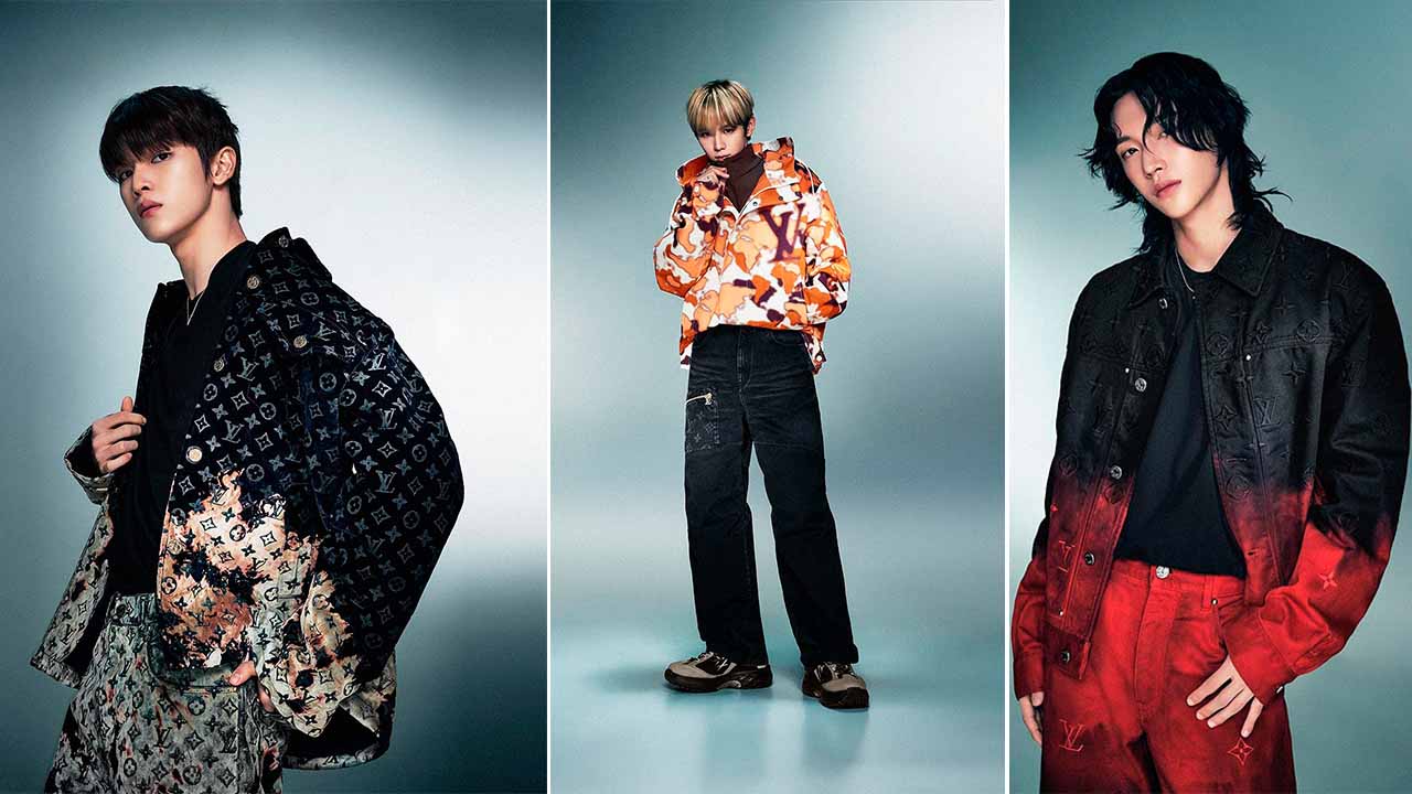 montagem com fotos de três integrantes da banda de k-pop riize usando roupas da louis vuitton.
