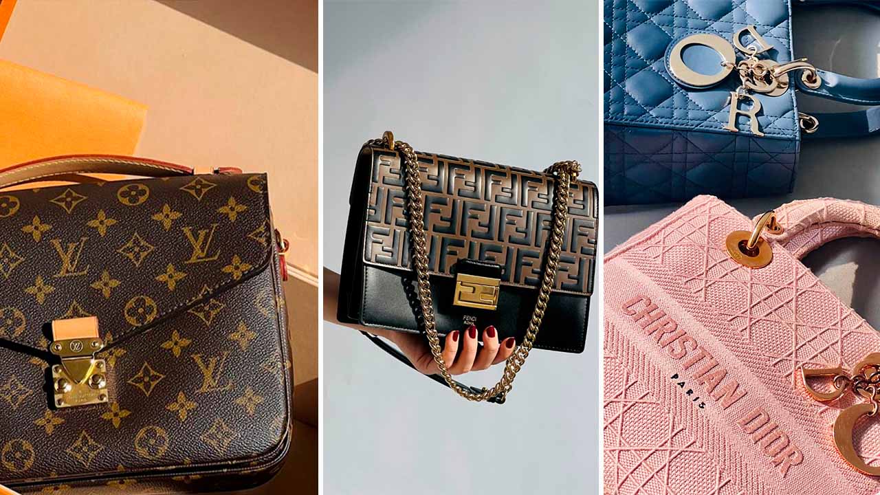 Montagem com três fotos de bolsas de luxo de marcas do grupo LVMH que busca a sustentabilidade.