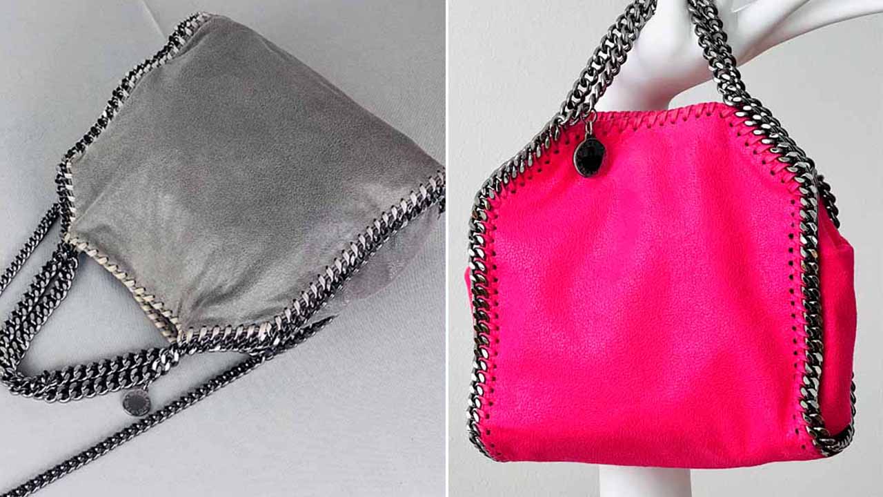 Montagem com duas fotos de versões mini de bolsas de luxo da Stella McCartney,modelo Falabella.