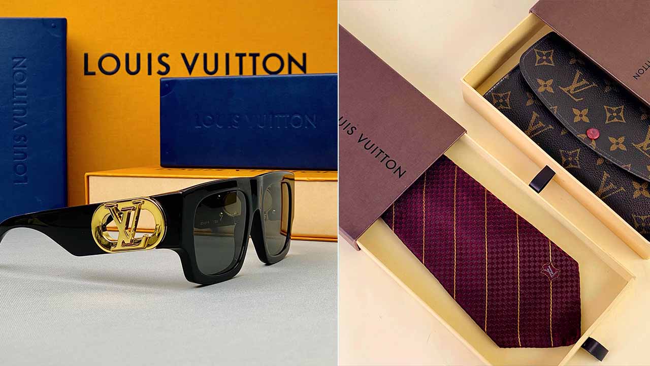 Montagem com fotos de óculos, carteira e gravata LV: a Louis vuitton é uma das marcas de acessórios de luxo na summer sale 24.