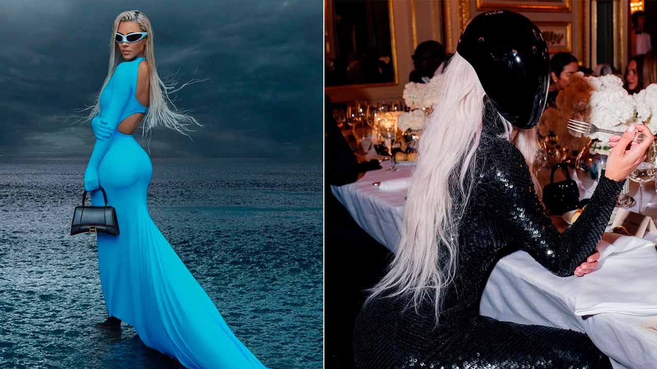 Kim Kardashian é a nova embaixadora global da balenciaga, na montagem há duas fotos da empresária usando roupas da grife.