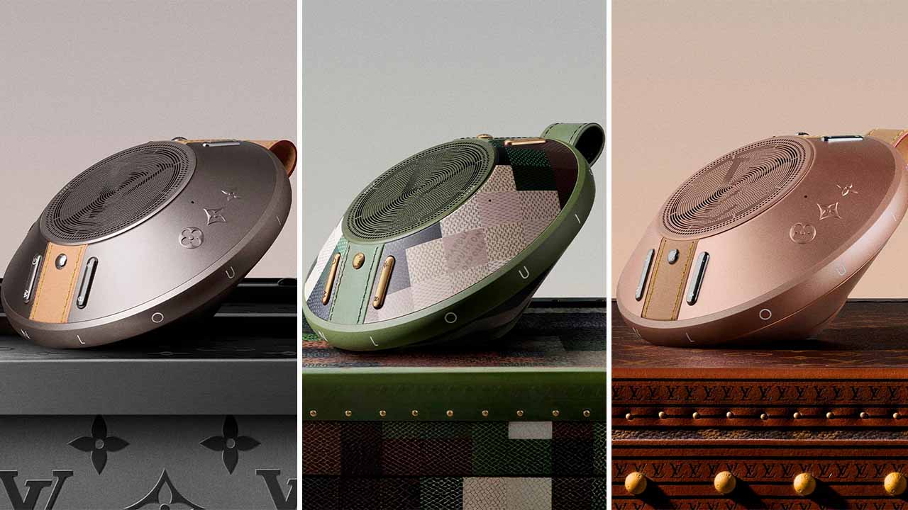 Montagem de fotos das caixinhas de som da Louis Vuitton, alto-falantes portáteis LV Nanogram.