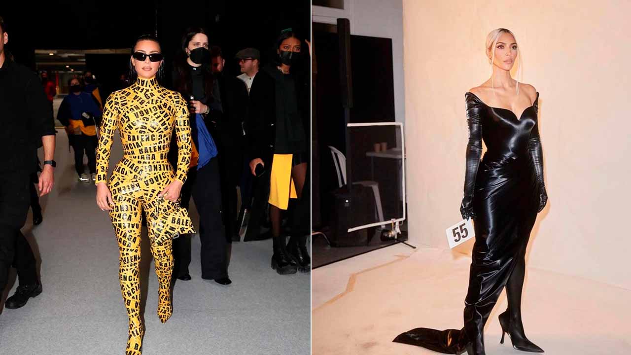 Montagem de duas fotos de Kim Kardashian usando roupas da Balenciaga.