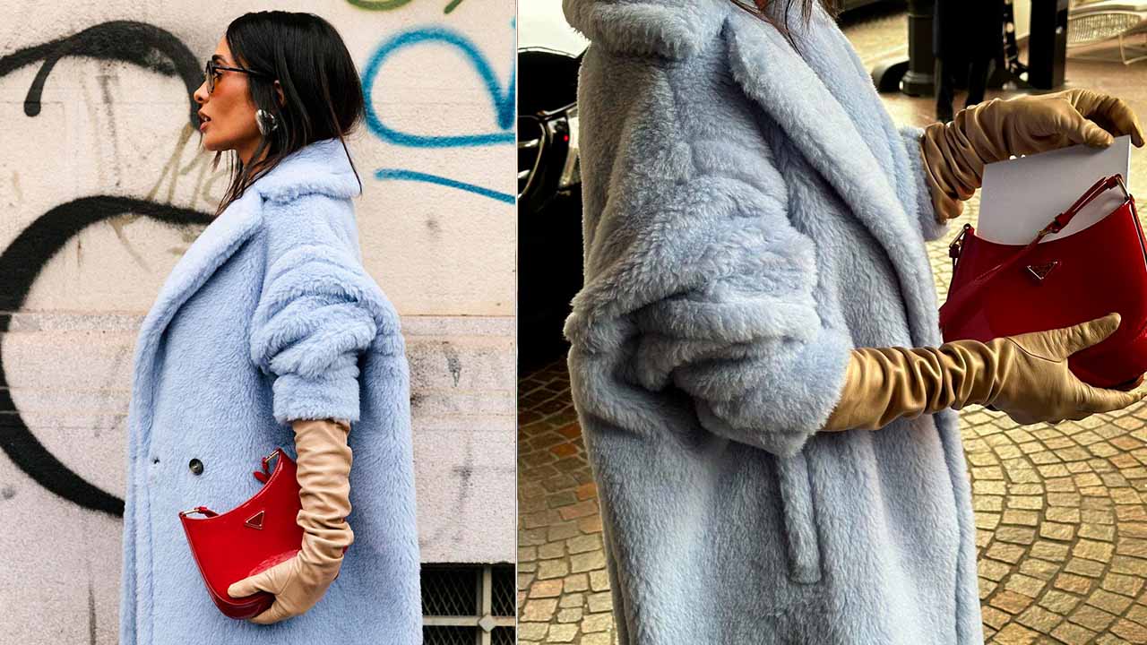 Montagem com duas fotos de mulher usando um Prada Cléo, uma das bolsas de luxo que as influenciadoras de moda usaram na Milan Fashion Week.