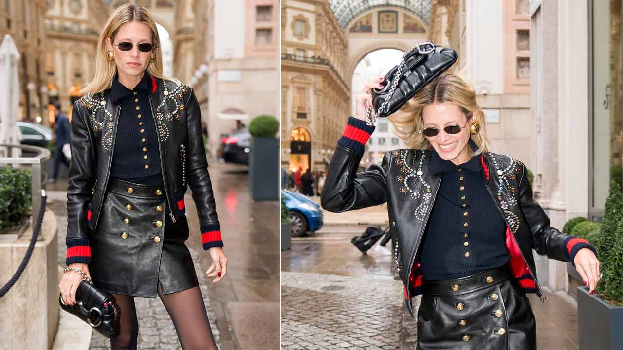Montagem com duas fotos da influenciadoras Helena Bordon usando a Horsebit Chain da Gucci, uma das bolsas de luxo desfiladas pela semana de moda de milão 2024 (MFW).