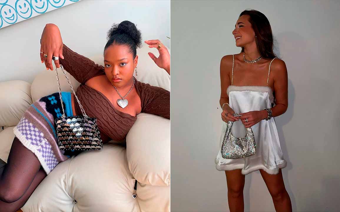 Montagem com duas fotos de mulheres carregando bolsas com brilho e mostrando como usar.