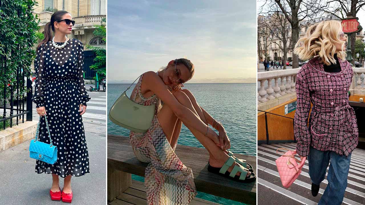 Montagem de fotos de influenciaoras de moda usando bolsas de luxo em cores pastéis.