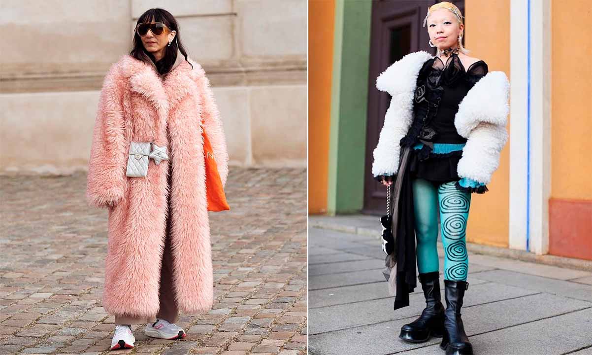 Fotos de mulheres usando casacos felpudos na Copenhagen Fashion Week 2024.