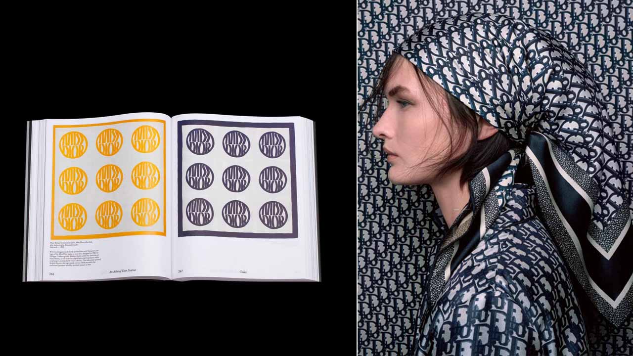 Montagem com duas fotos, sendo uma do Novo Livro da Dior e outra de uma mulher usando um lenço Dior na cabeça.