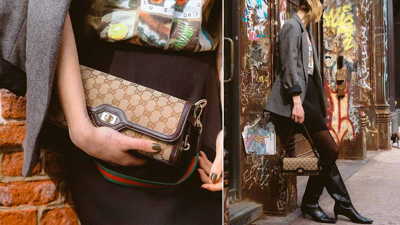 Montagfem com duas fotos de muçher carregando nova bolsa da Gucci, Luce Shoulder Bag.
