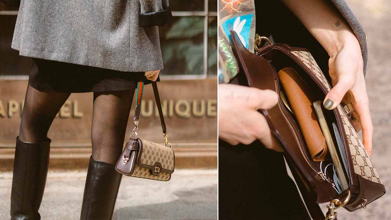 Montagem com duas fotos da nova bolsa Gucci, Luce Shoulder Bag criada por Sabato De Sarno.