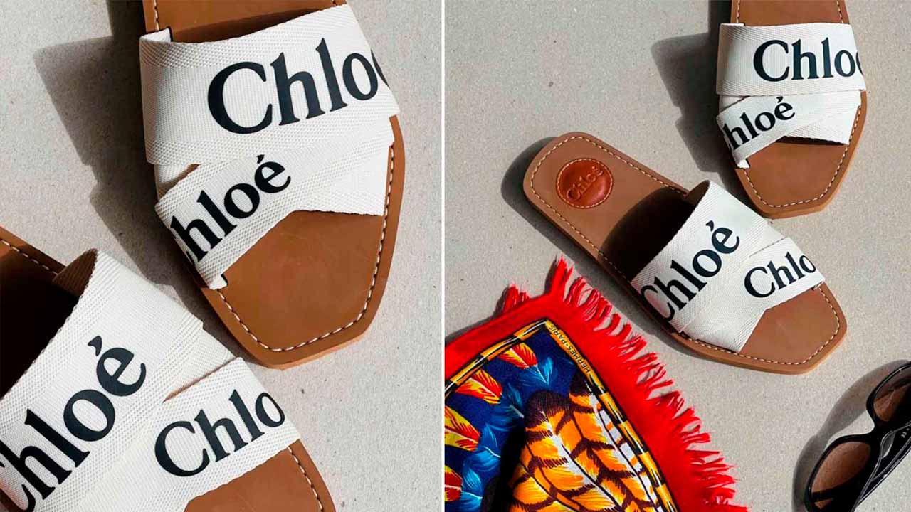Montagem com duas fotos de sapatos femininos da marca de luxo Chloé.