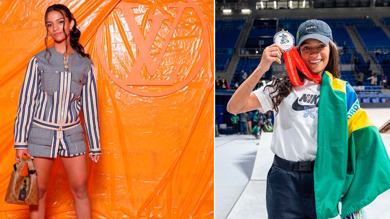Montagem de duas fotos da skatista Rayssa Leal, a primeira embaixadora global brasileira da Louis Vuitton.