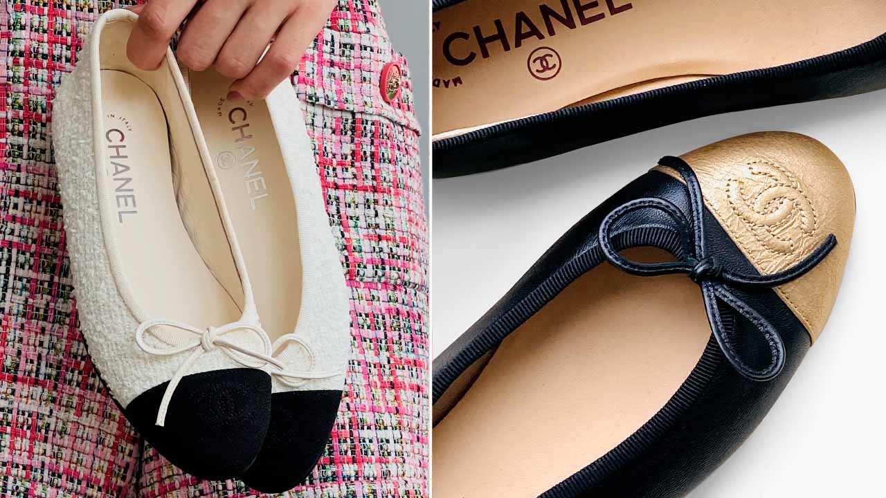 Montagem com duas fotos de sapatos femininos da Chanel: sapatilhas bicolores.