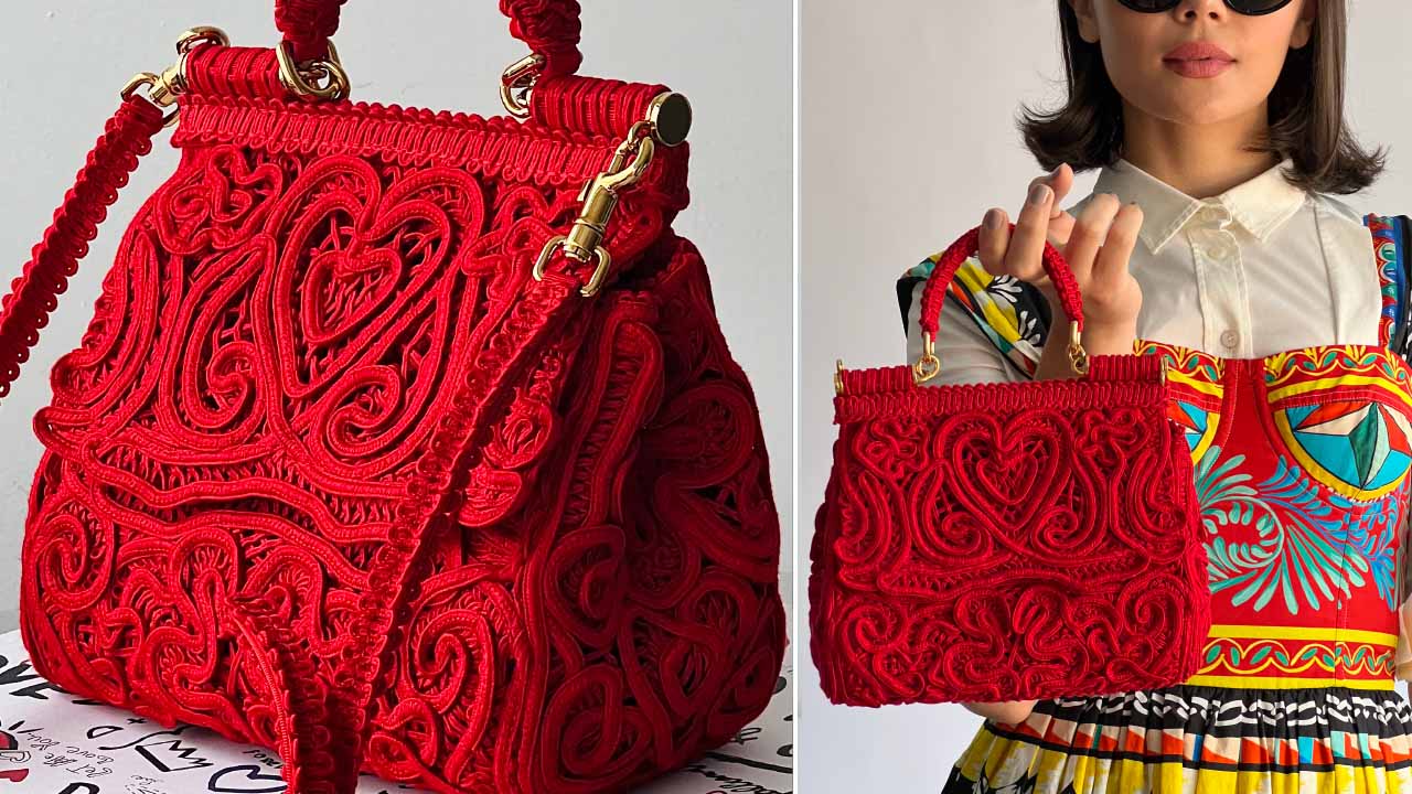 Montagem de duas fotos da Bolsa Sicily da Dolce & Gabbana, uma das peças de luxo nunca antes usadas com descontos incríveis na Semana do Consumidor.