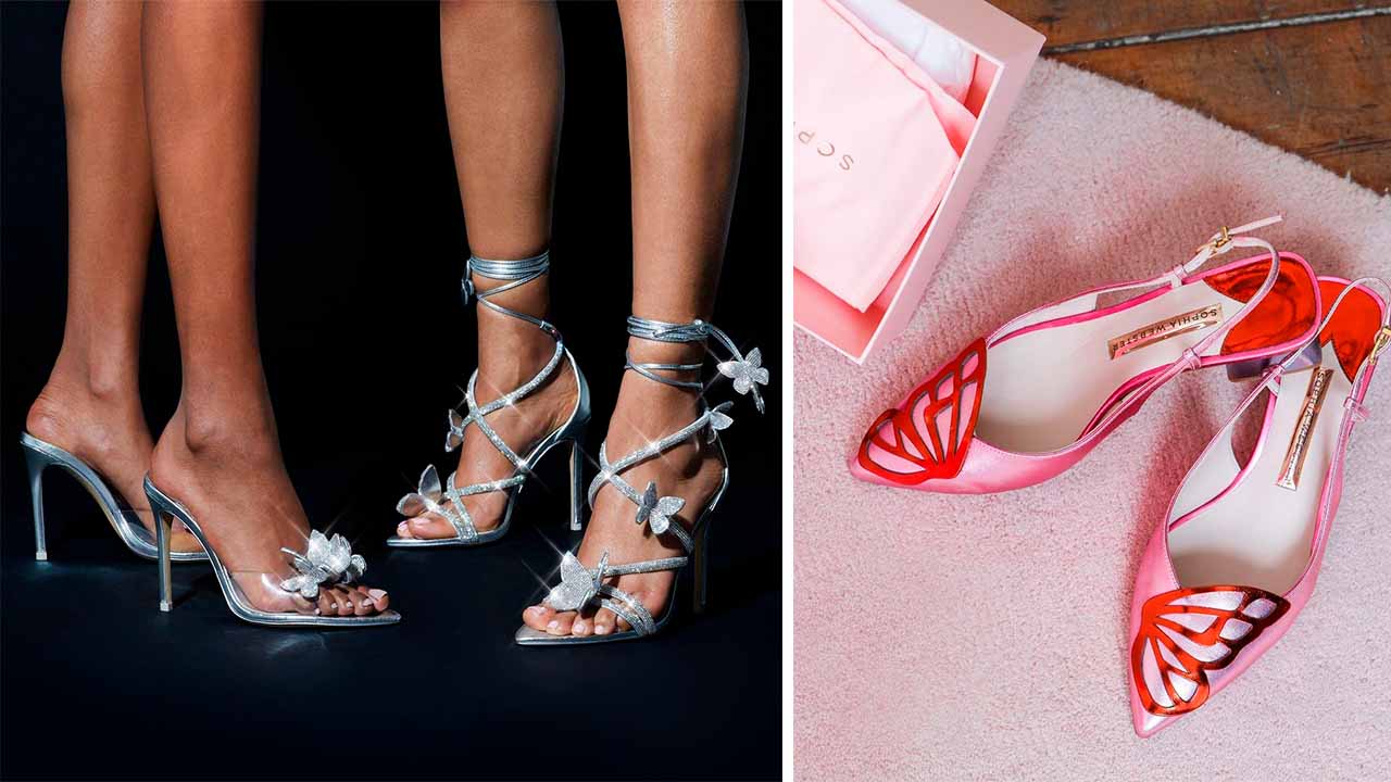 Montagem com dus fotos de sapatos femininos da designer Sophia Webster.