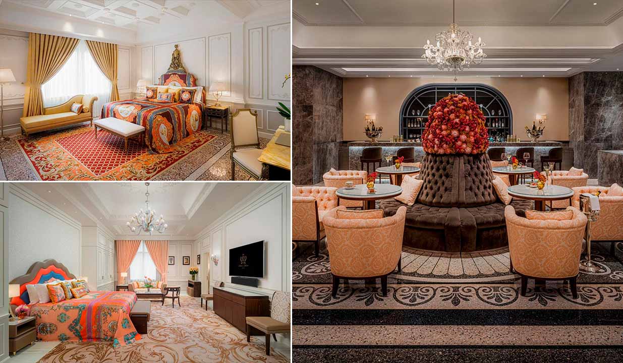 Montagem de fotos do interior do hotel da Versace na Ásia.