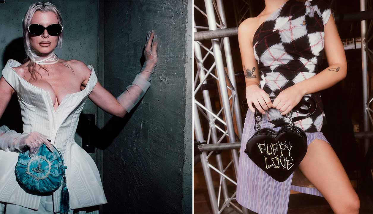 Montagem de fotos de mulheres usando roupas de Vivienne Westwood.