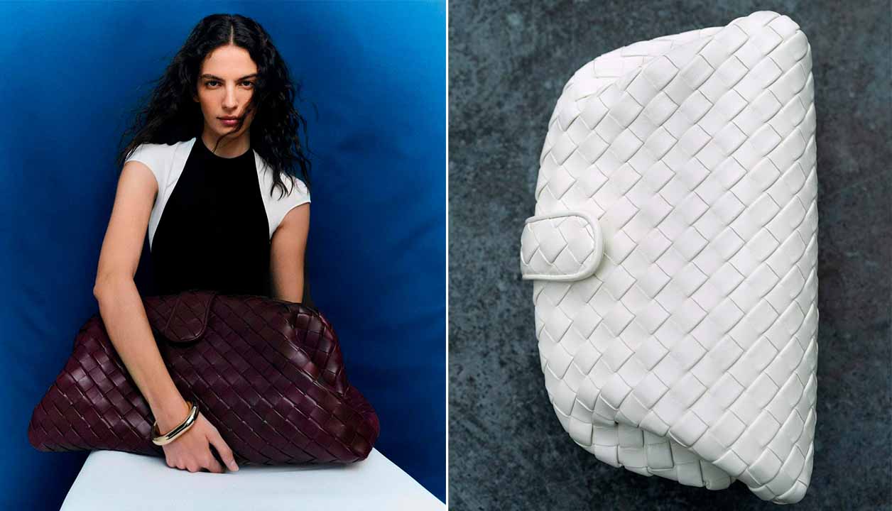 Montagem de duas fotos do novo modelo de bolsa da Bottega Veneta, a Lauren Bag.