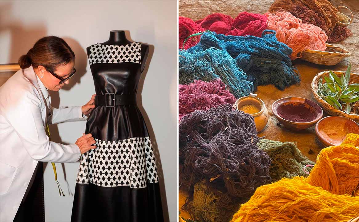 Montagem de duas fotos mostrando como a Patrícia Vieira trabalha a sustentabilidade na produção de roupas de couro.