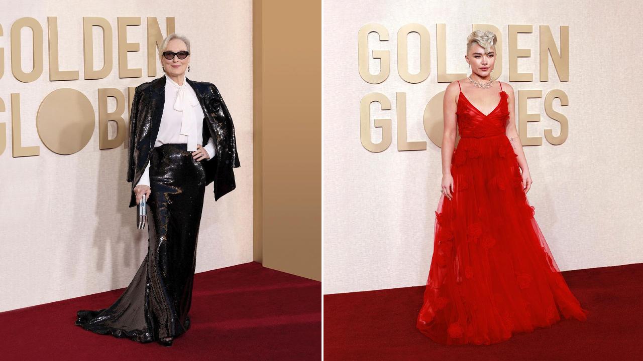 Meryl Streep e Florench Pugh usando Valentino no Globo de Ouro 2024. Clique na imagem e confira criações da marca! (Foto: Reprodução/Instagram @maisonvalentino)