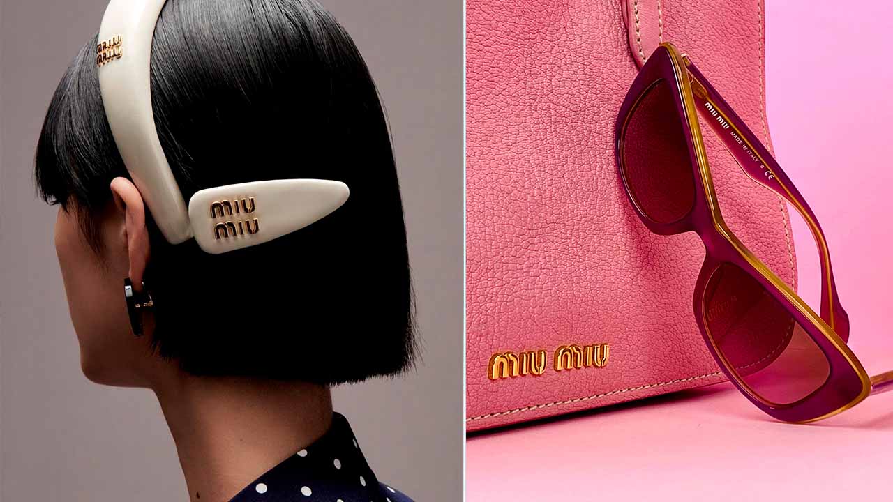 Montagem de duas fotos de produtos que a Miu Miu vende: óculos e acessórios de cabelo.