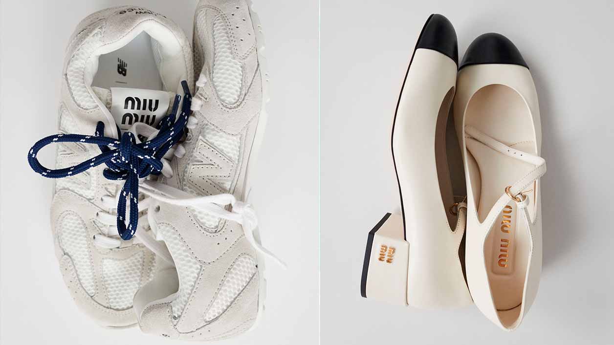 Montagem de produtos que a Miu Miu vende: tênis e sapatilhas.