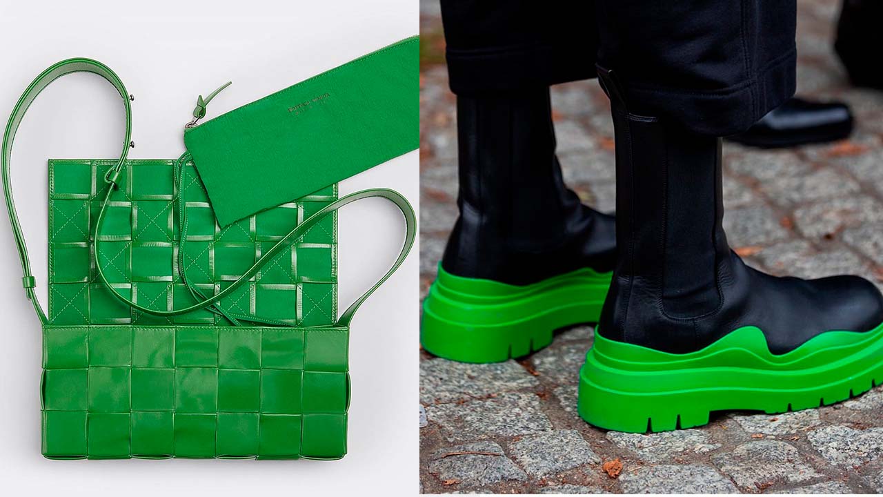 Montagem de fotos de bolsa e bota com o Verde Bottega Veneta.