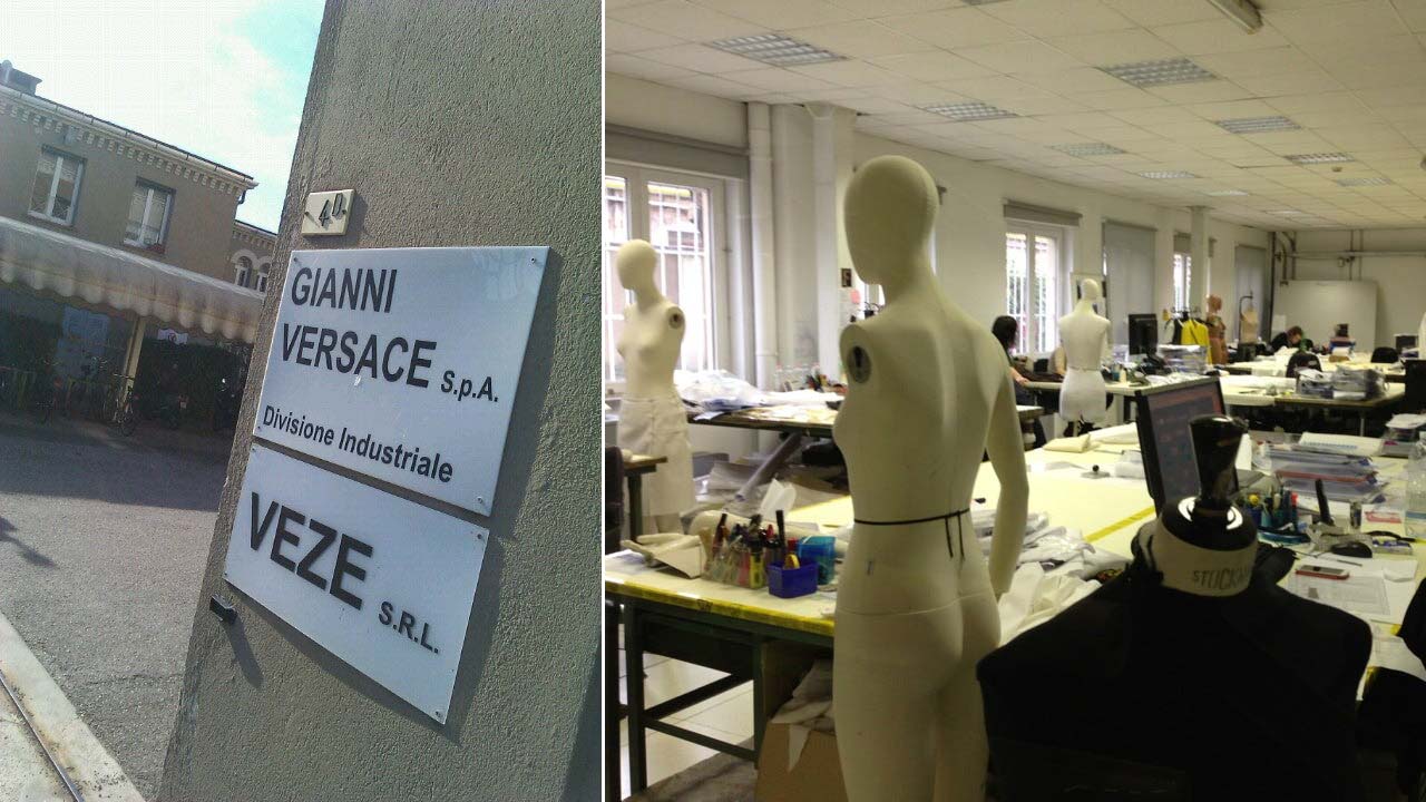 Montagem de fotos da fábrica da Versace em Novara, na Itália, onde são produzidos roupas, sapatos e bolsas da marca.