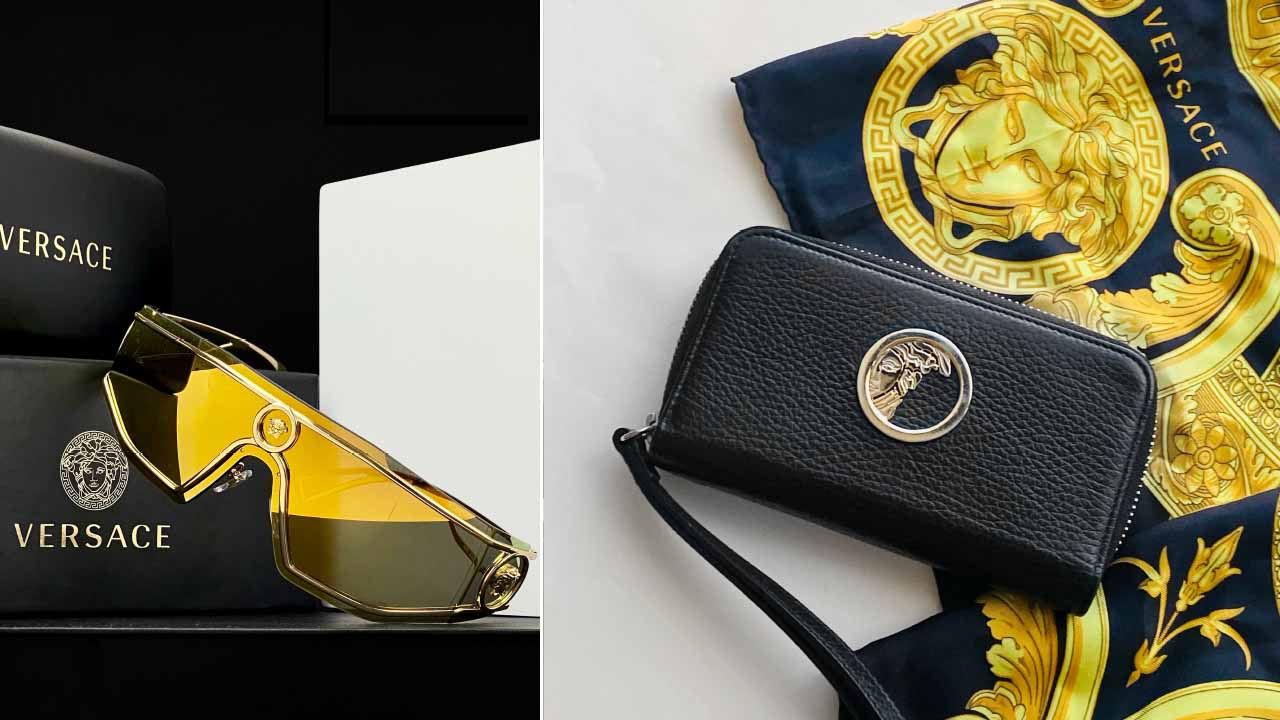 Montagem de fotos de acessórios de luxo produzidos na fábrica da Versace.