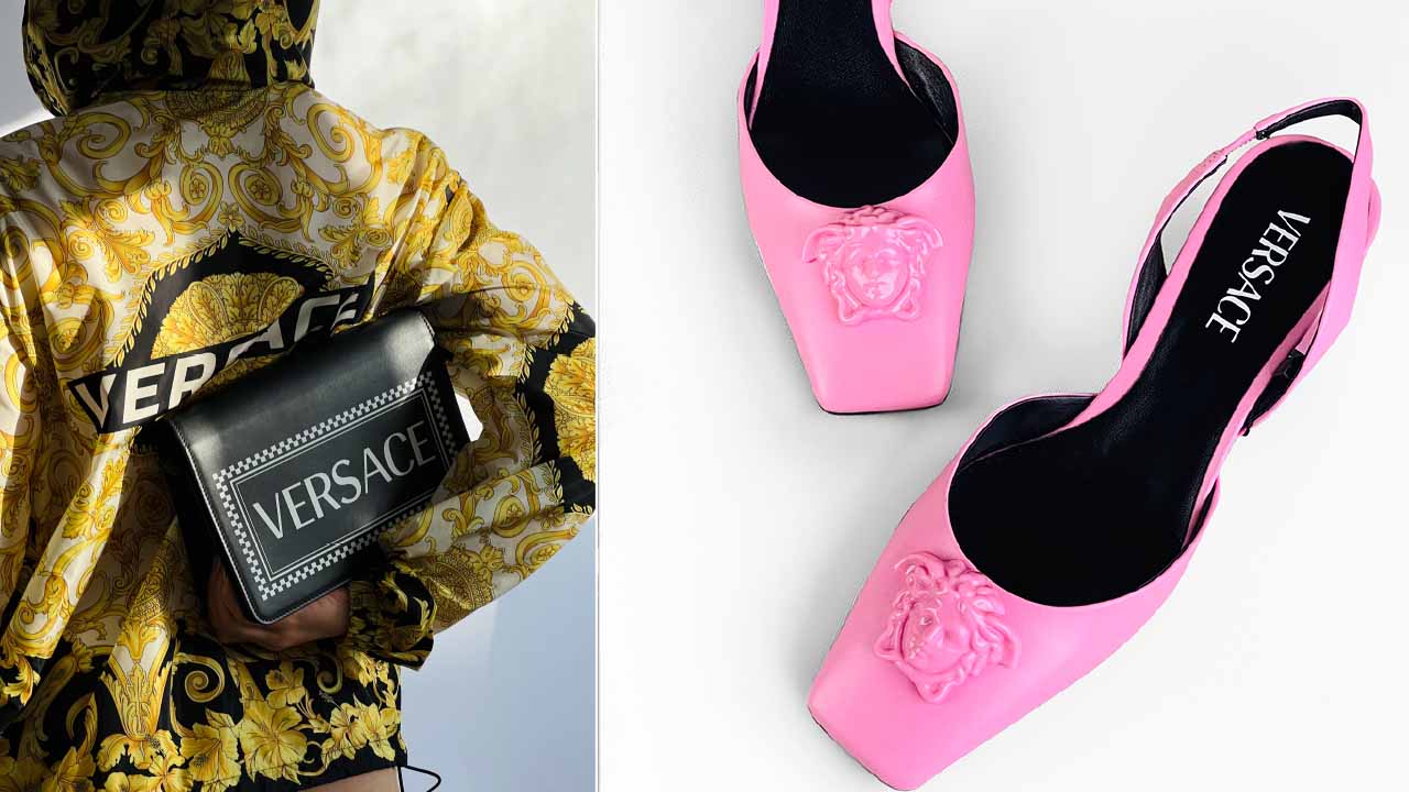 Montagem de fotos com mulher segurando bolsa e ao lado sapatos produzidos na fábrica da Versace em Novara.