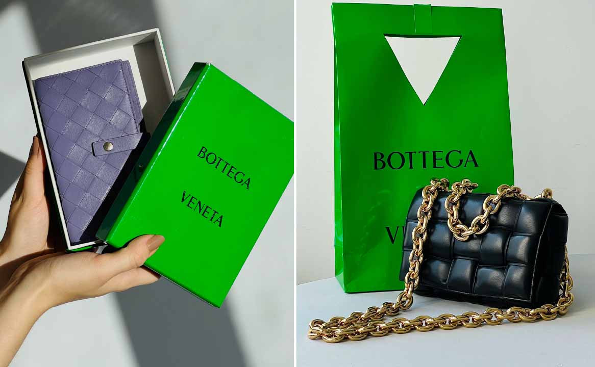 Montagem de duas fotos com acessórios da Bottega Veneta cujo o nome significa Loja Veneziana.