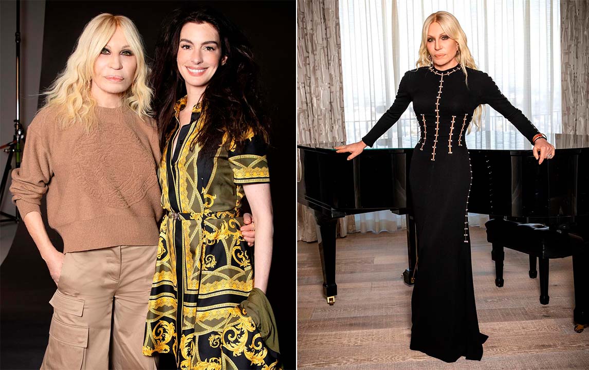 Montagem de fotos de Donatella Versace que continua à frente da marca que é de atual propriedade do grupo Tapestry.