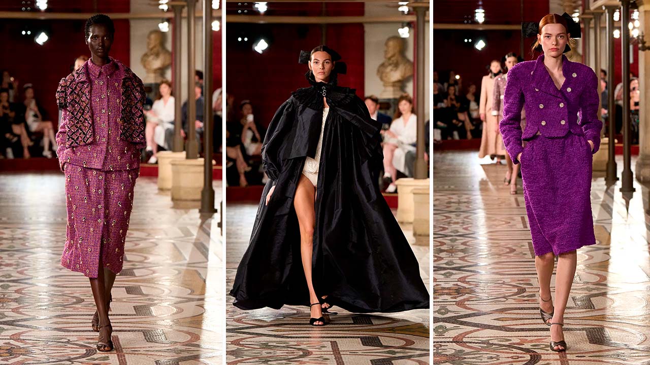 Montagem de 3 fotos de desfile Chanel Alta-Costura Inverno 2024.