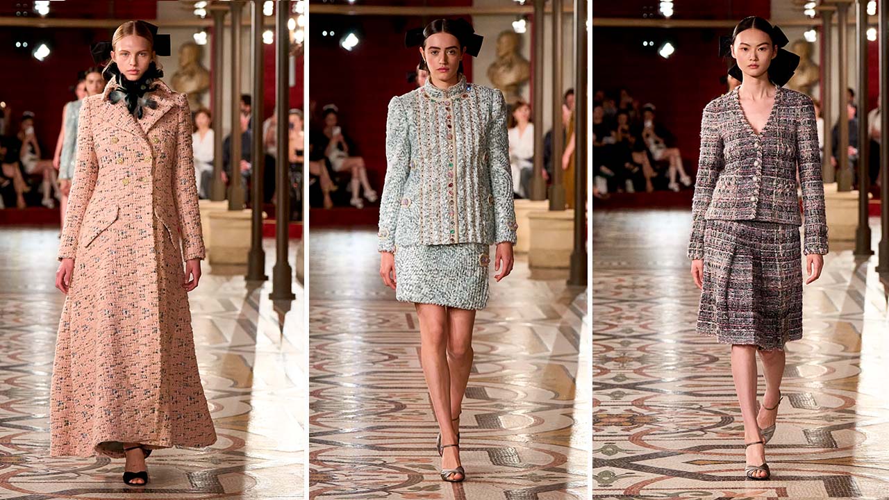 Montagem de 3 fotos de desfile Chanel Alta-Costura Inverno 2024.