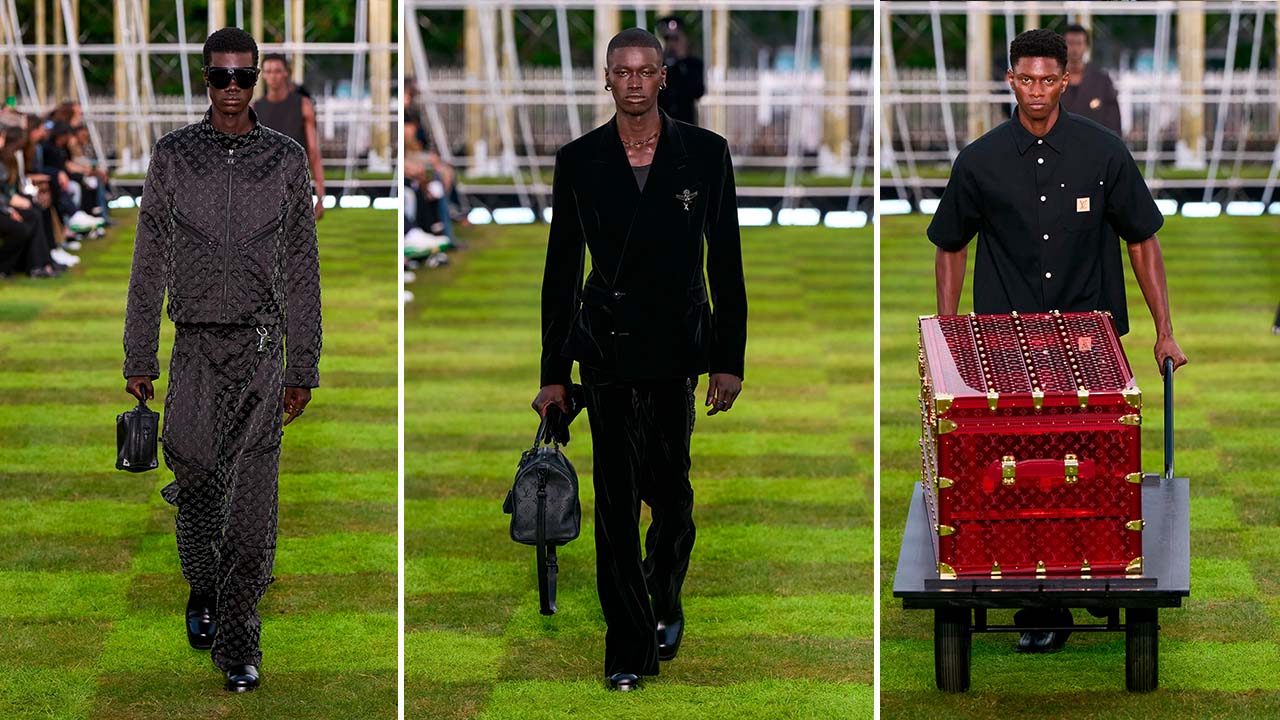 Montagem de fotos do desfile masculino louis vuitton por Pahrell Williams.