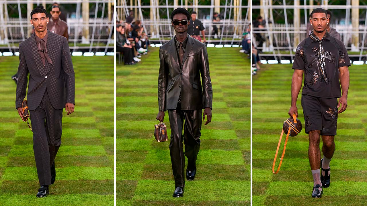 Montagem de fotos do desfile masculino louis vuitton 2025 por Pharell Williams.