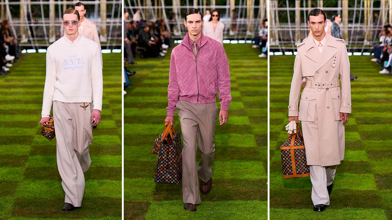 Montagem de fotos do desfile masculino louis vuitton verão 2025 em Paris.