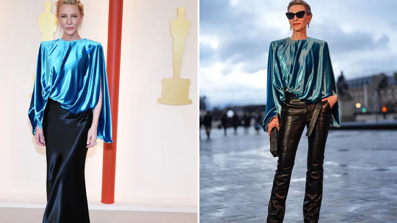 Cate Blanchett no Oscar em Março de 2023 e no Desfile da Louis Vuiton em Março de 2024. (Foto 1: Reprodução/Vogue.co.uk; Foto 2: Reprodução/InStyle.com)