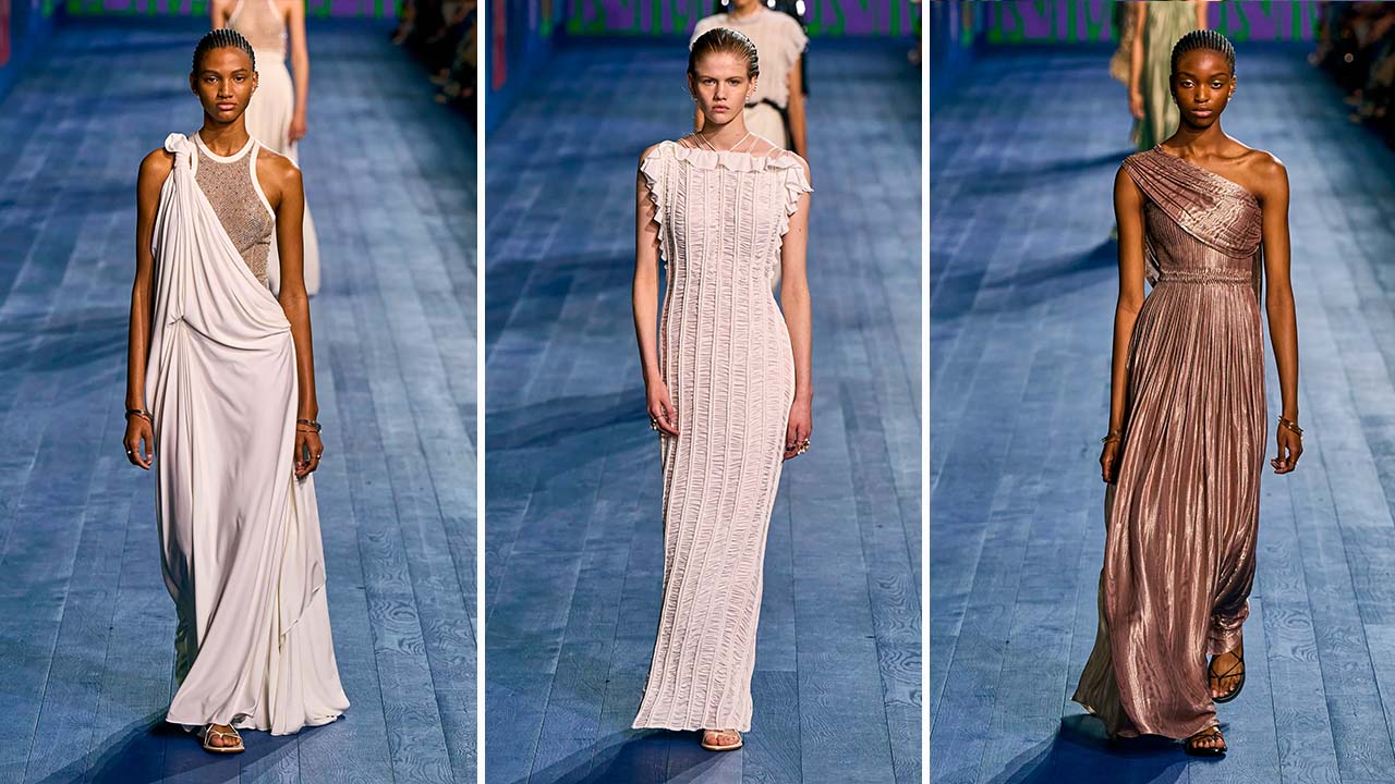 Montagem com fotos do desfile Dior alta-costura inverno 2024 inspirado na Grécia e jogos olímpicos.