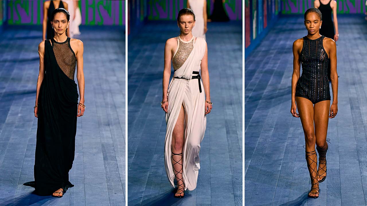 Montagem com fotos do desfile Dior alta-costura inverno 2024 inspirado na Grécia e jogos olímpicos.