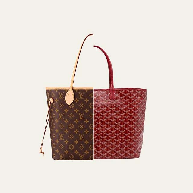 Foto comparando a bolsa neverfull da louis vuitton com a saint louis da goyard.