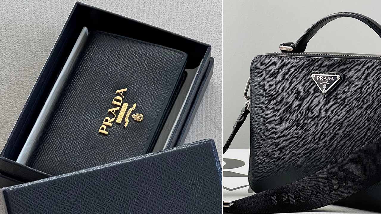 Montagem de fotos de carteira e bolsa da Prada, uma das principais marcas de acessórios masculinos e femininos.